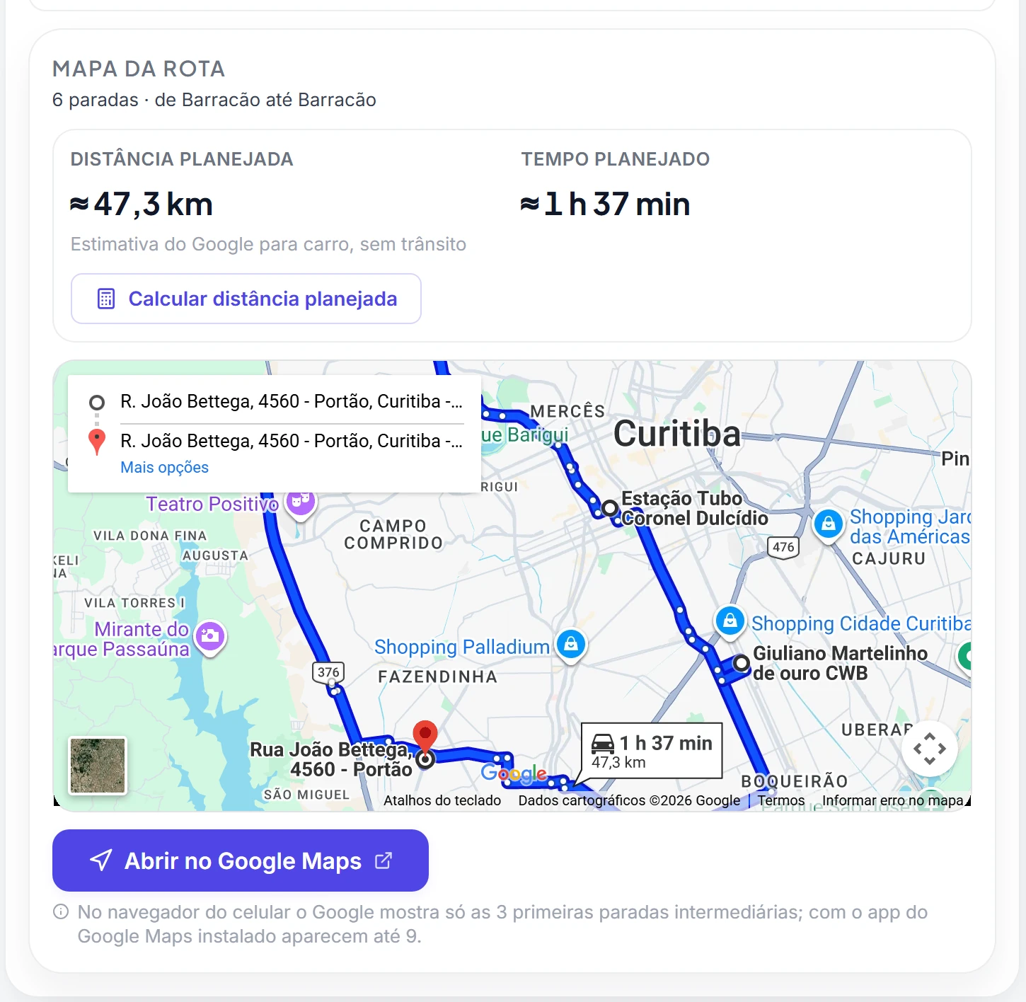 Mapa da rota com as paradas em Curitiba, a distância planejada e o tempo planejado da viagem.