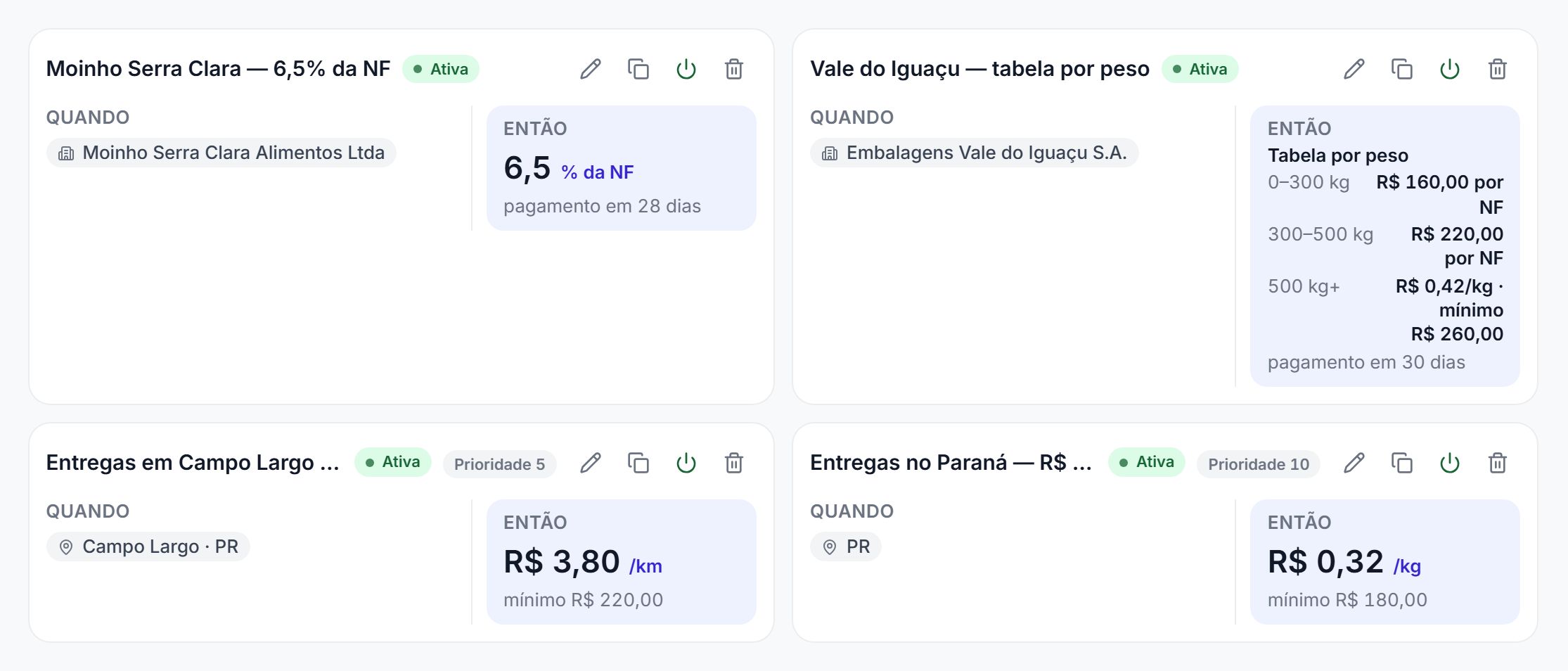 Regras de frete em cartões: cada uma mostra quando vale (embarcador ou destino) e o resultado, em percentual da nota, tabela por faixa de peso, reais por km ou reais por kg.