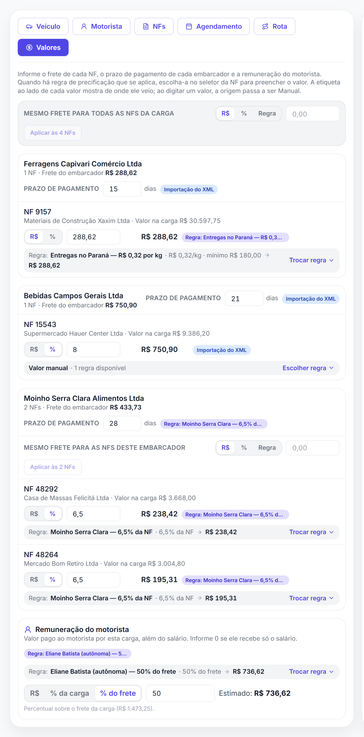 Aba Valores da nova carga, com o frete de cada nota fiscal, o prazo de pagamento do embarcador e a remuneração do motorista.