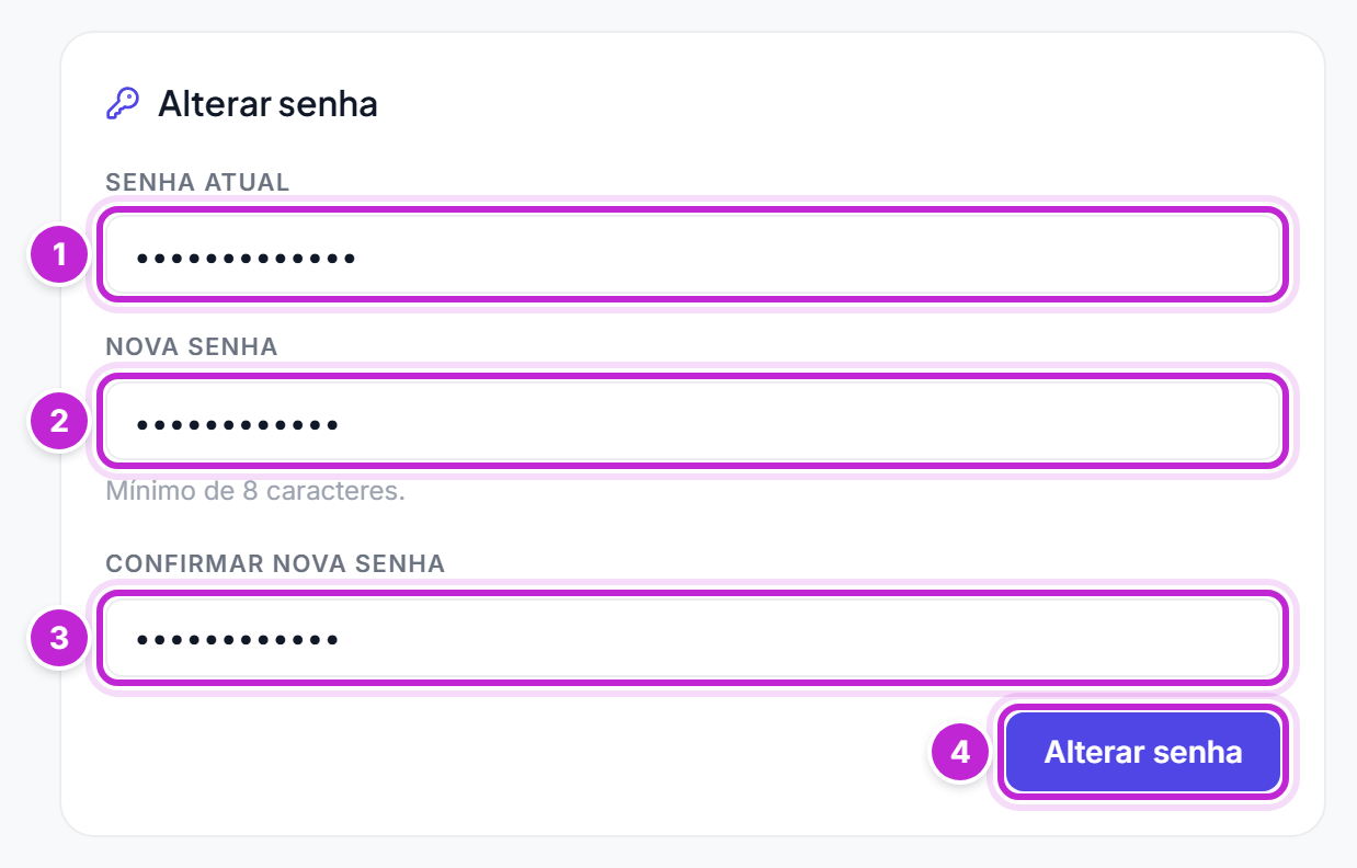 Bloco Alterar senha com os campos Senha atual, Nova senha e Confirmar nova senha preenchidos