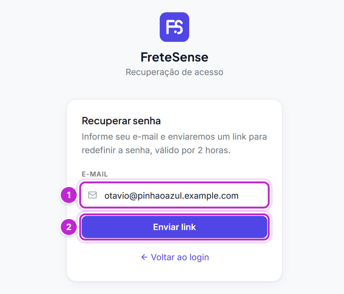Tela Recuperar senha com o campo E-mail preenchido e o botão Enviar link
