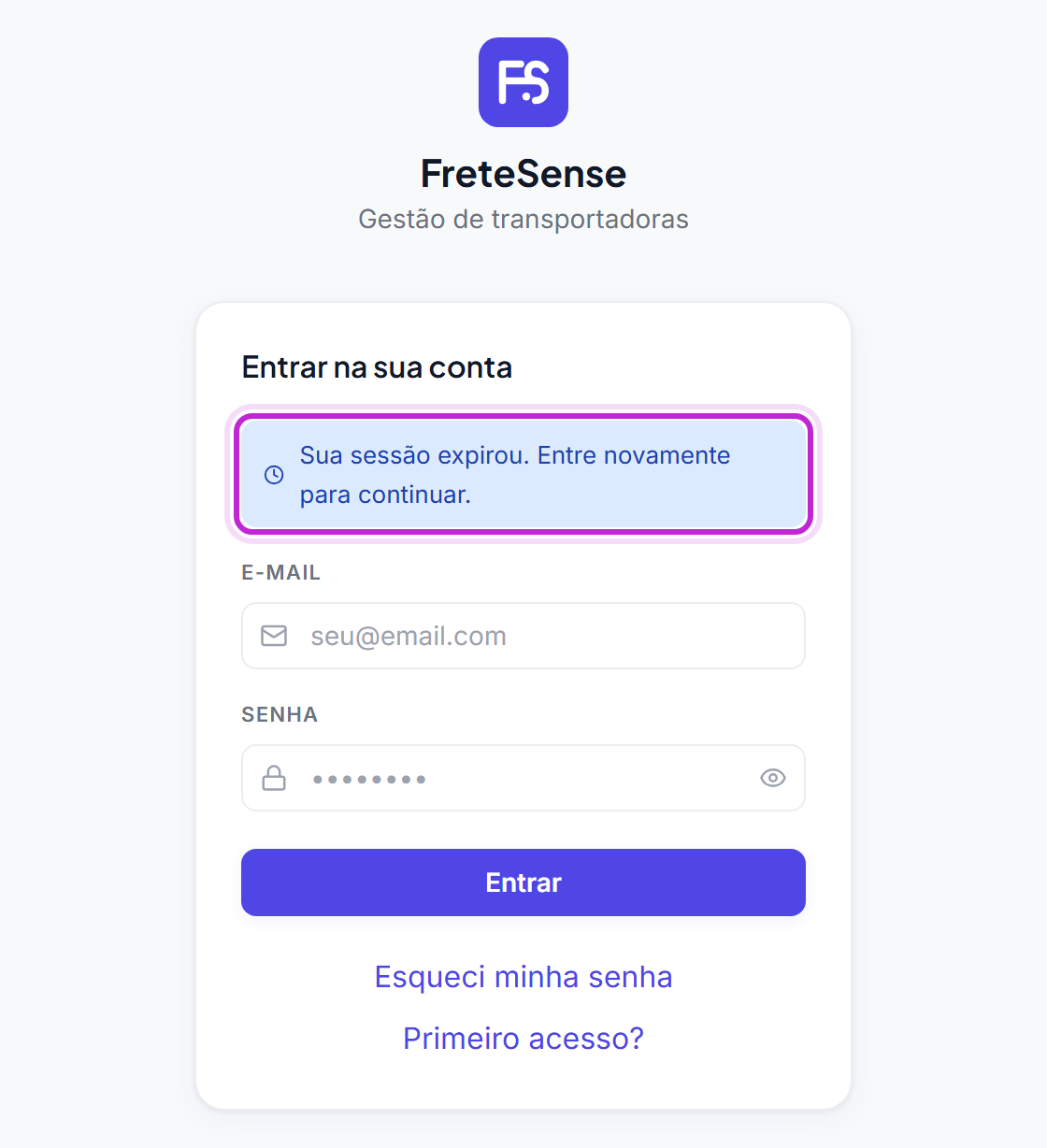 Tela de entrada com o aviso Sua sessão expirou. Entre novamente para continuar.