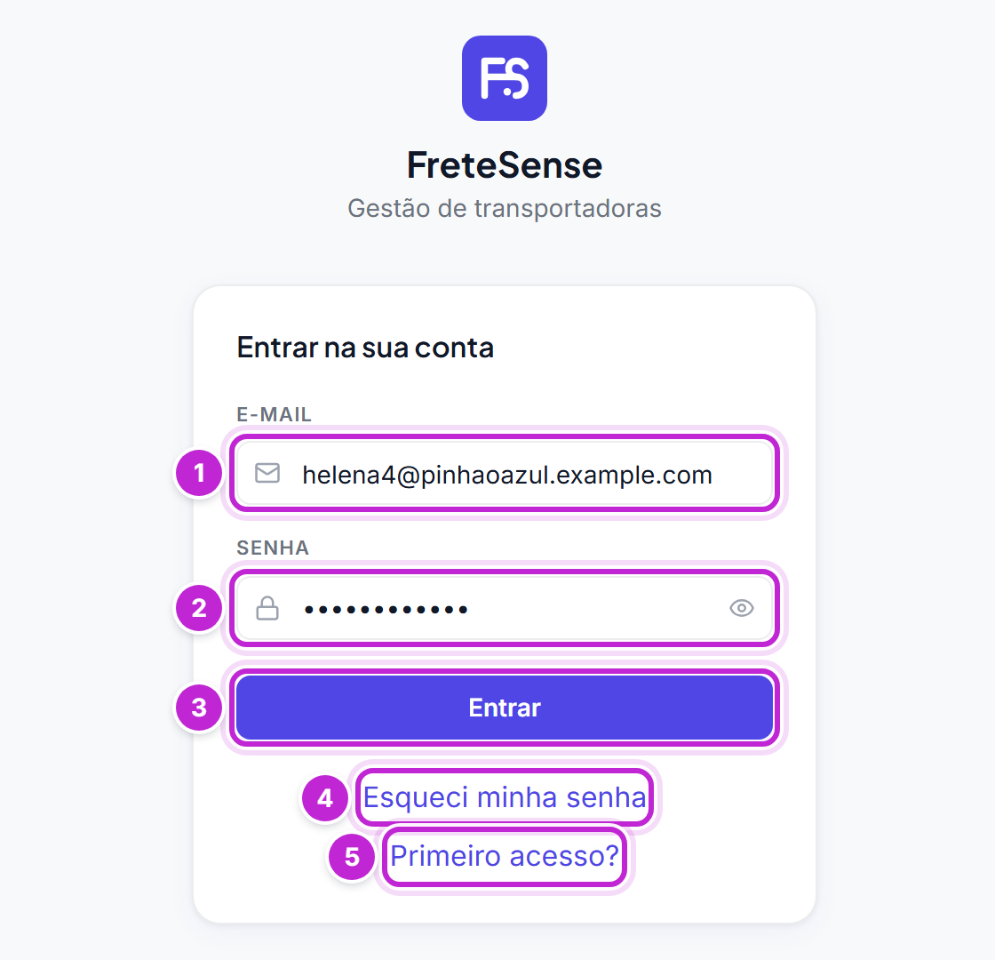 Tela Entrar na sua conta com os campos E-mail e Senha, o botão Entrar e os links Esqueci minha senha e Primeiro acesso