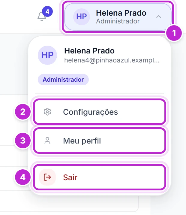 Menu do usuário aberto com as opções Configurações, Meu perfil e Sair