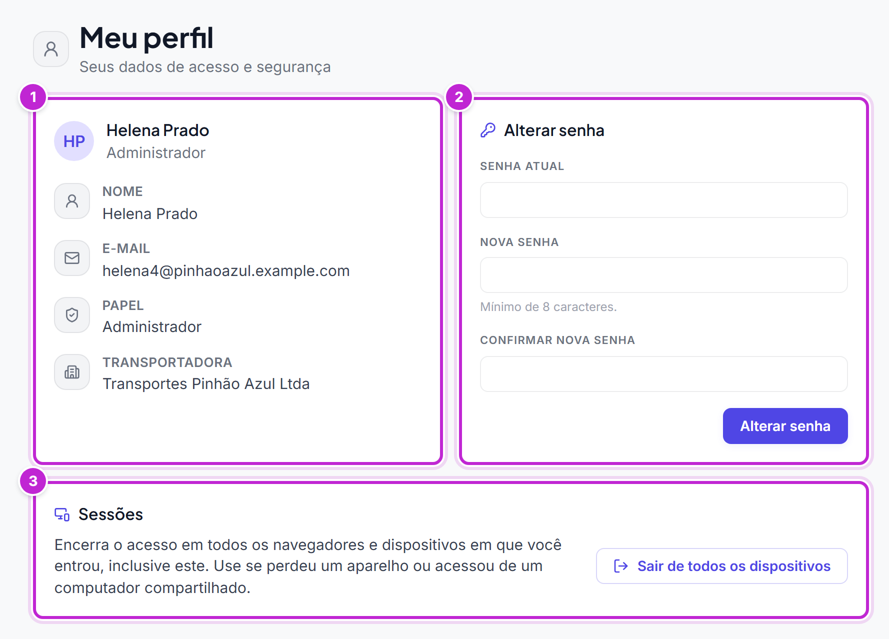 Tela Meu perfil com os blocos de dados do usuário, Alterar senha e Sessões