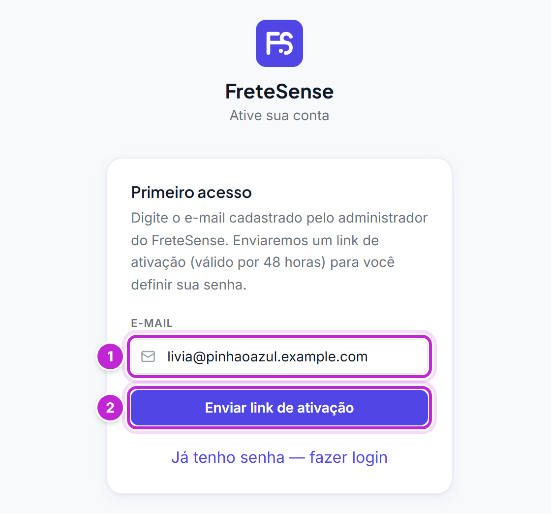 Tela Primeiro acesso com o campo E-mail preenchido e o botão Enviar link de ativação