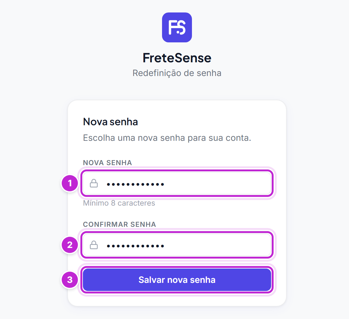 Tela Nova senha com os campos Nova senha e Confirmar senha preenchidos e o botão Salvar nova senha
