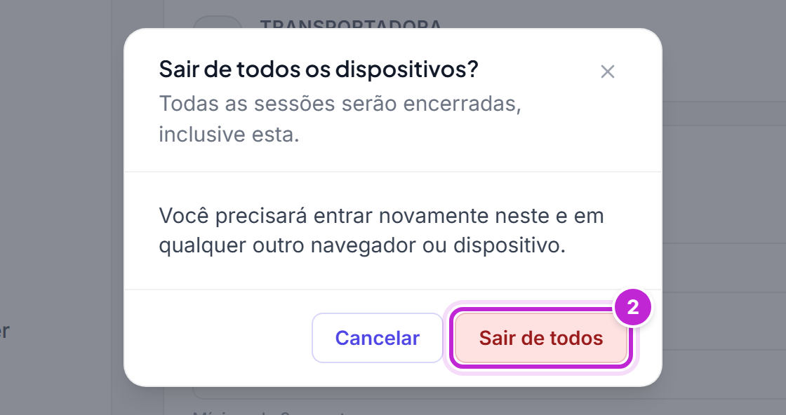 Confirmação Sair de todos os dispositivos? com os botões Cancelar e Sair de todos