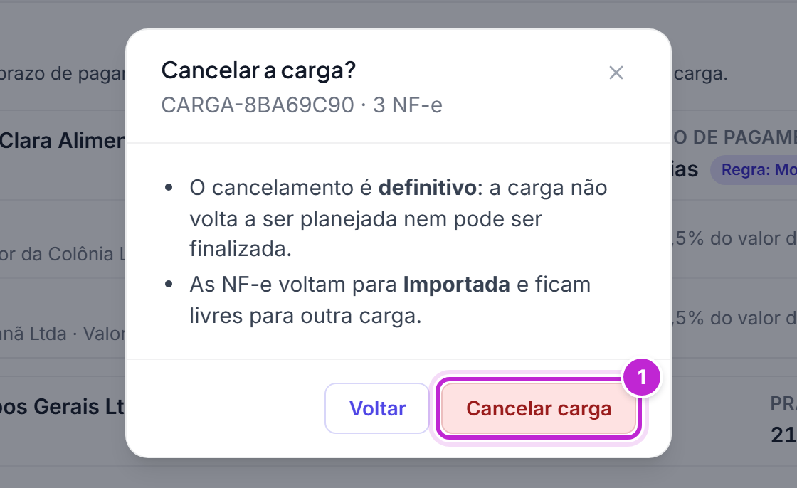 Diálogo Cancelar a carga com o aviso de que o cancelamento é definitivo e os botões Voltar e Cancelar carga