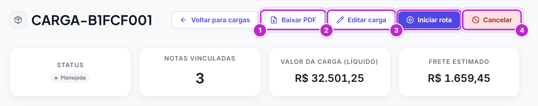 Topo da tela de uma carga planejada com os botões Voltar para cargas, Baixar PDF, Editar carga, Iniciar rota e Cancelar e os cartões de resumo
