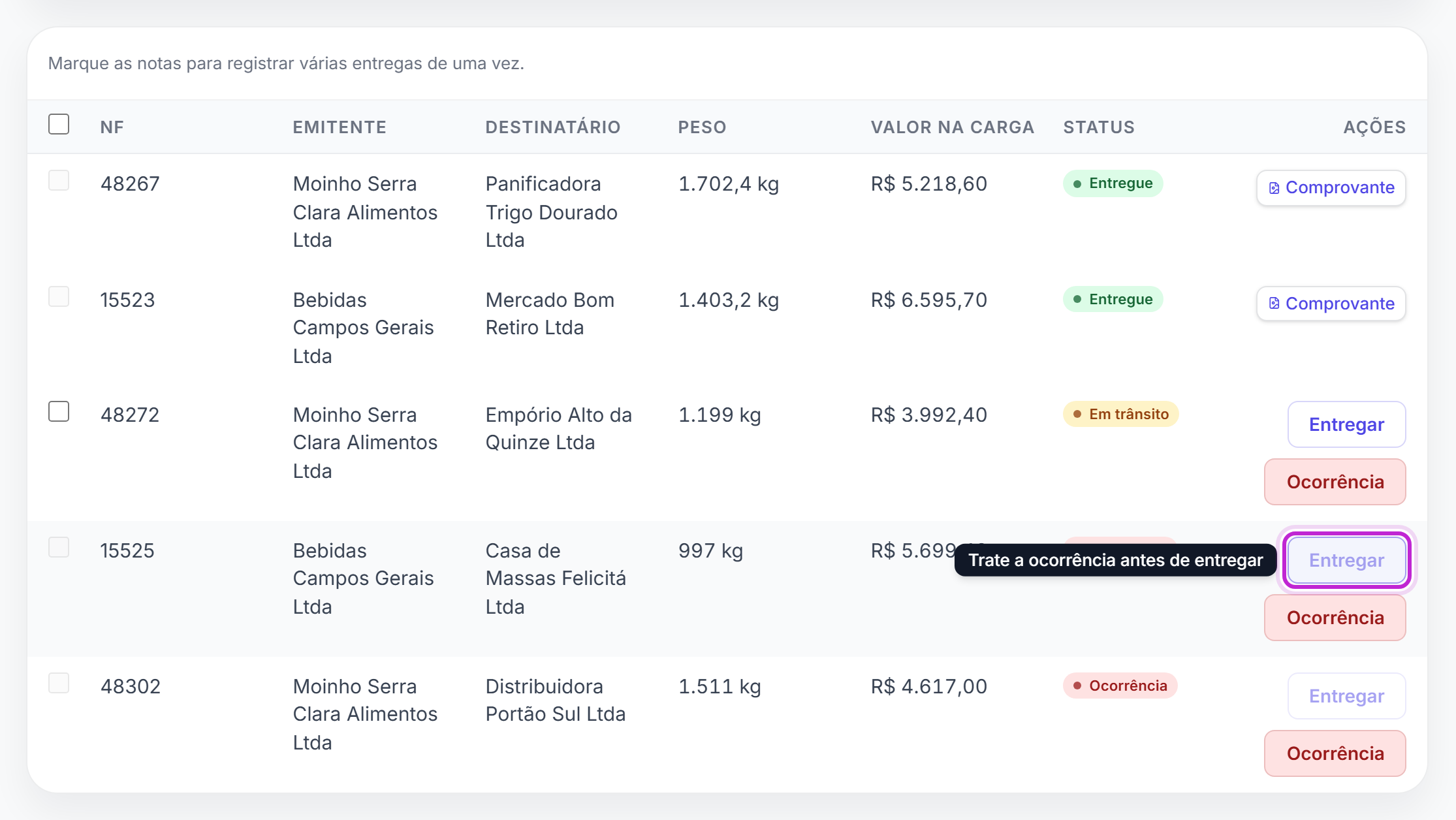Tabela de notas com o botão Entregar desabilitado em uma nota com ocorrência e a dica Trate a ocorrência antes de entregar