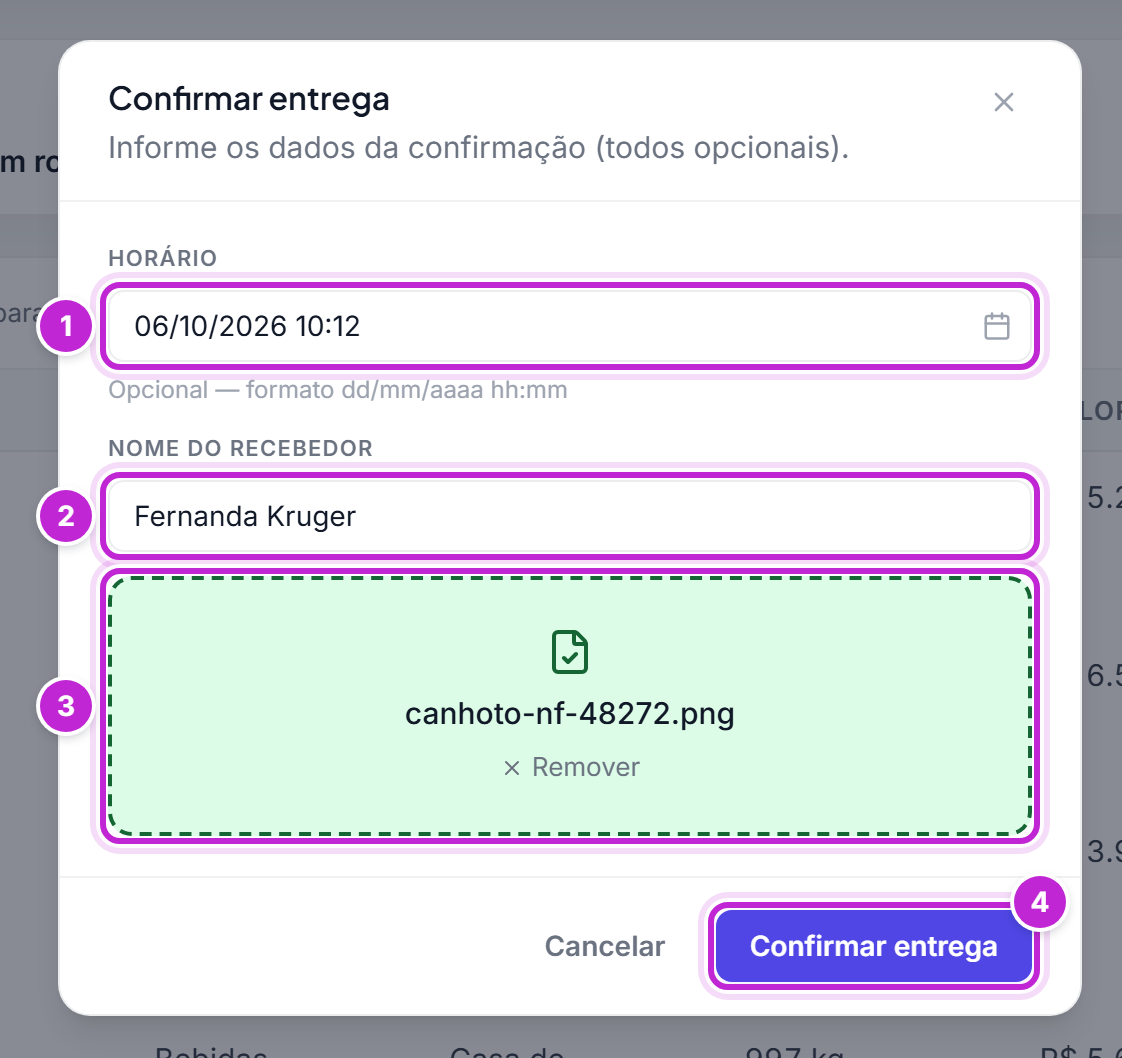 Janela Confirmar entrega com horário, nome do recebedor e arquivo de comprovante selecionado