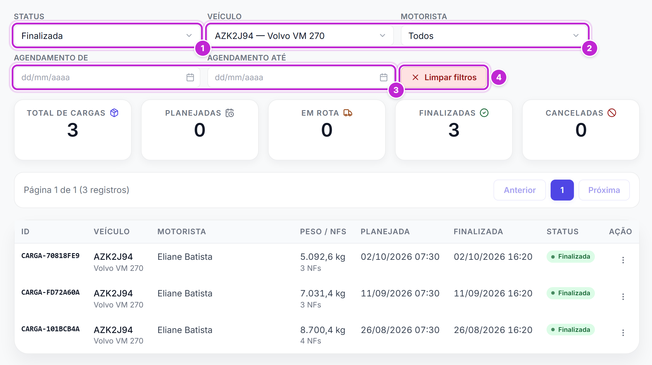 Filtros da lista de cargas com status Finalizada e um veículo selecionados