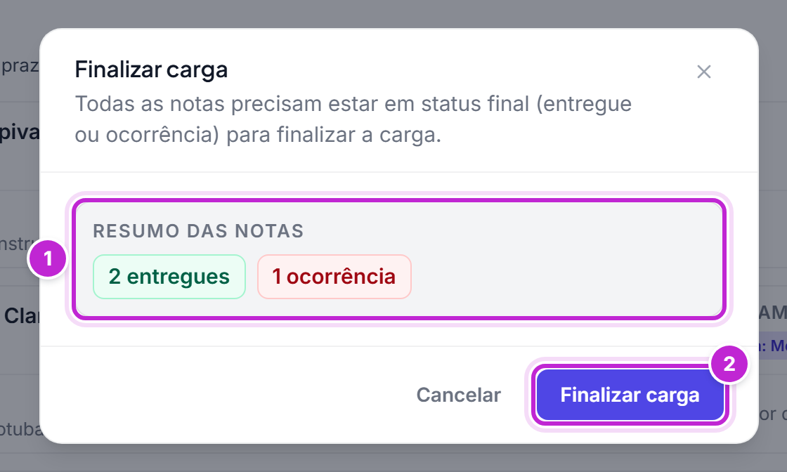 Janela Finalizar carga com o resumo de duas notas entregues e uma ocorrência