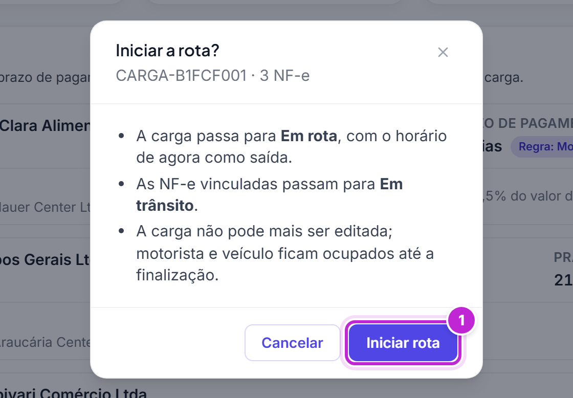 Diálogo Iniciar a rota com a lista do que acontece e o botão Iniciar rota
