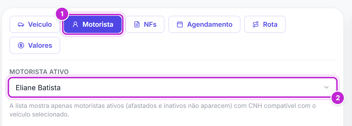 Aba Motorista com uma motorista selecionada no campo Motorista ativo