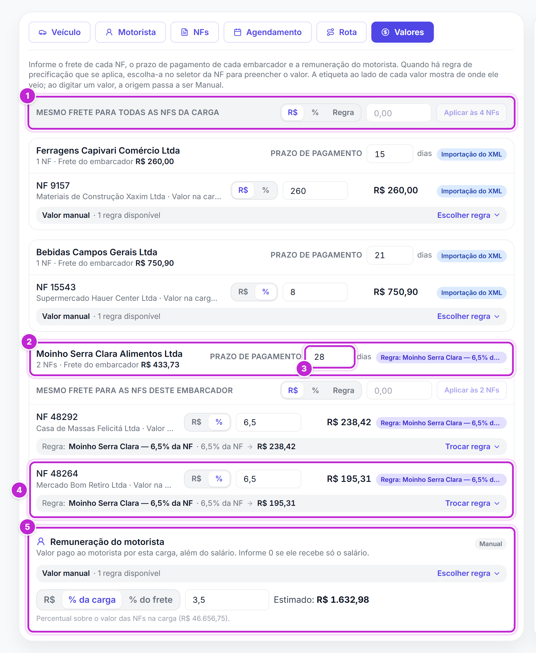 Aba Valores da tela Nova carga com a faixa Mesmo frete para todas as NFs da carga, um bloco por embarcador com prazo de pagamento e as notas de cada um, e o bloco Remuneração do motorista