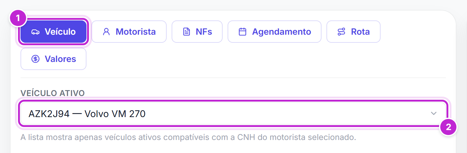 Aba Veículo com um veículo selecionado no campo Veículo ativo