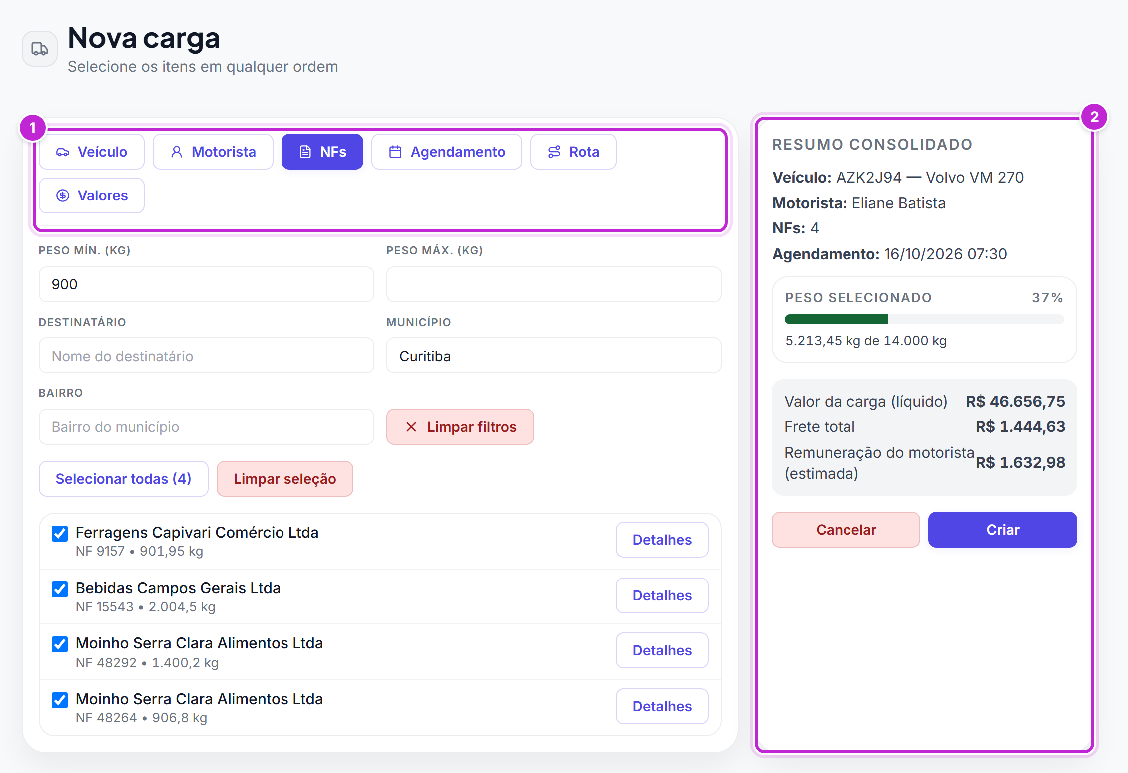 Tela Nova carga com as seis abas à esquerda e o painel Resumo consolidado à direita