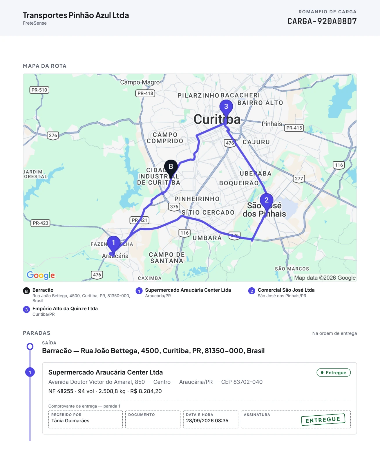 Segunda página do romaneio em PDF com o mapa da rota, a legenda das paradas e a primeira parada com o canhoto de recebimento