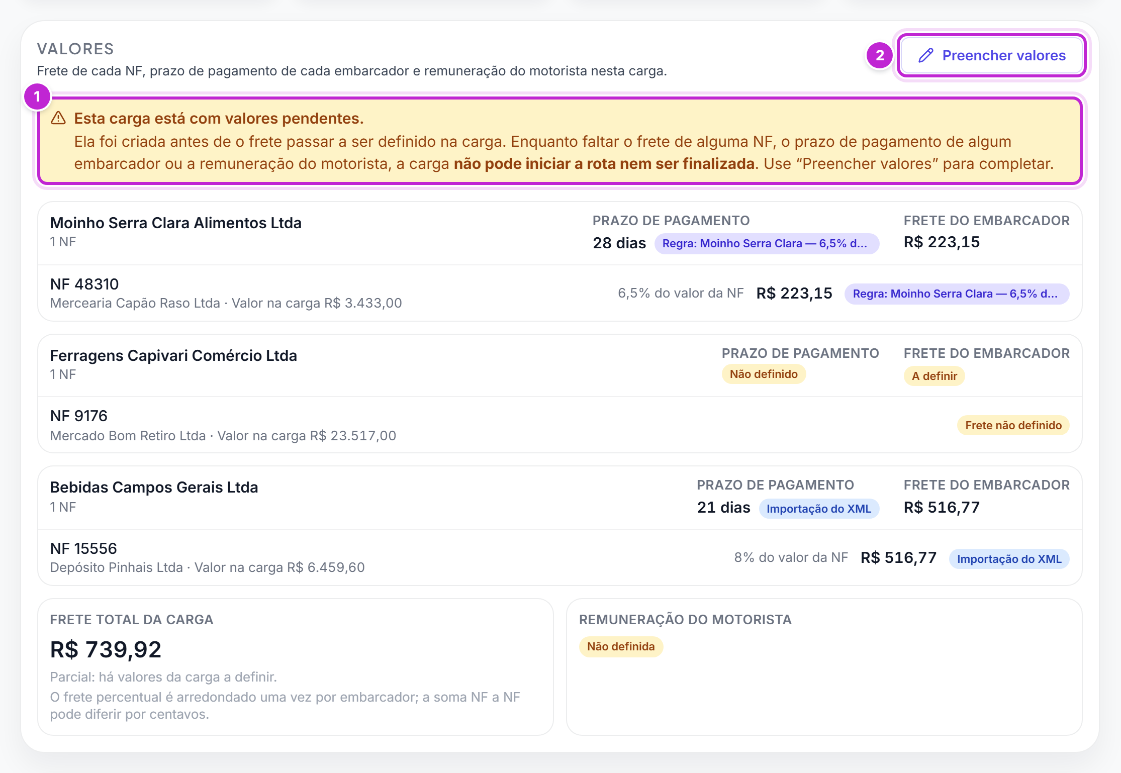 Cartão Valores de uma carga com o aviso Esta carga está com valores pendentes, o botão Preencher valores e as etiquetas de frete e prazo não definidos