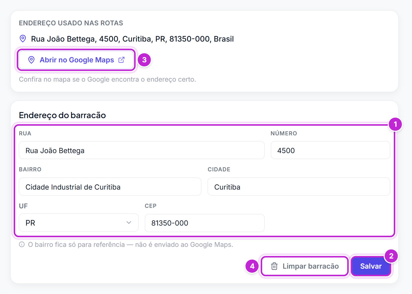 Tela do barracão com o endereço usado nas rotas, o formulário de endereço e os botões Limpar barracão e Salvar