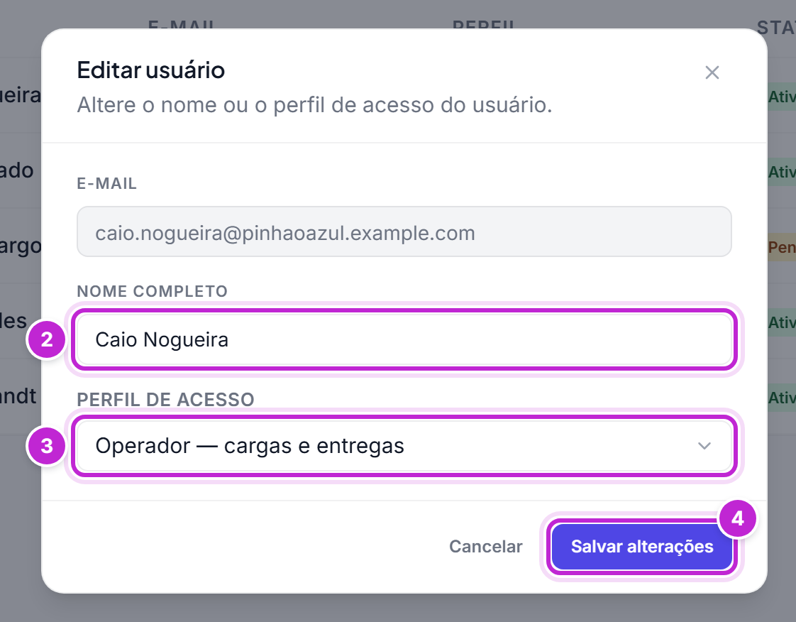Janela Editar usuário com o e-mail bloqueado e os campos Nome completo e Perfil de acesso