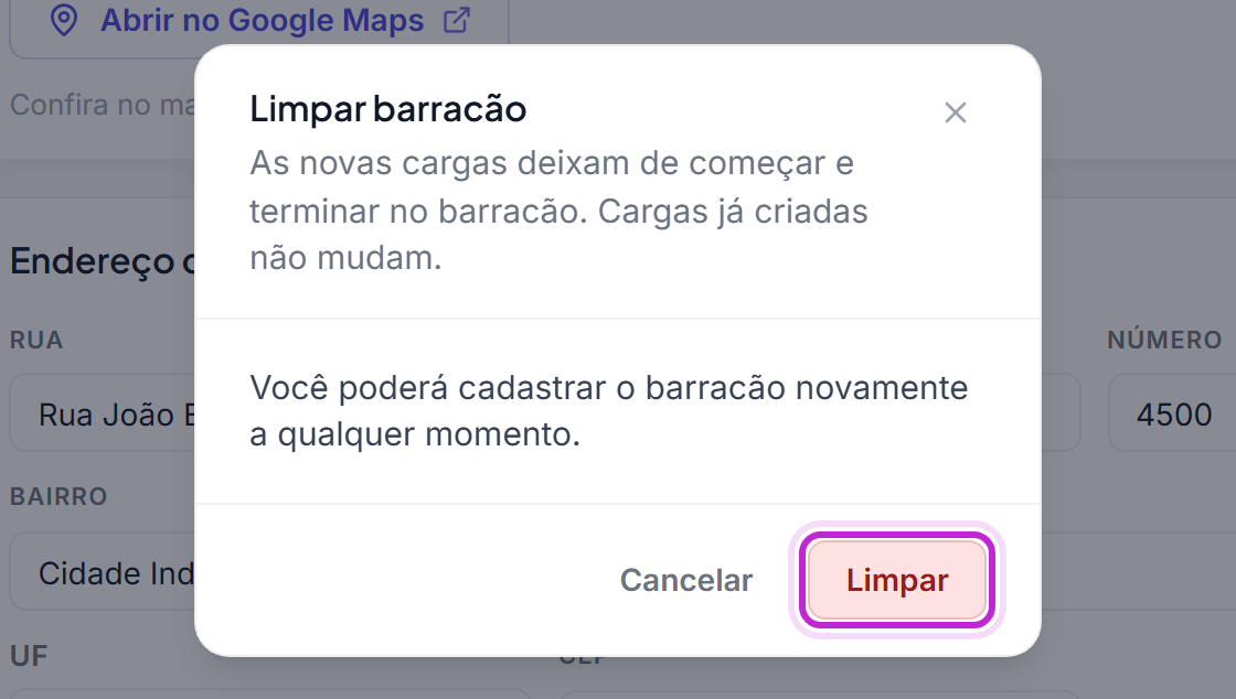 Confirmação Limpar barracão com os botões Cancelar e Limpar