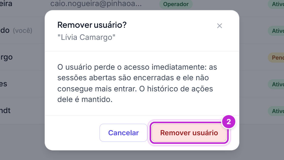 Confirmação Remover usuário? com o nome do usuário e os botões Cancelar e Remover usuário