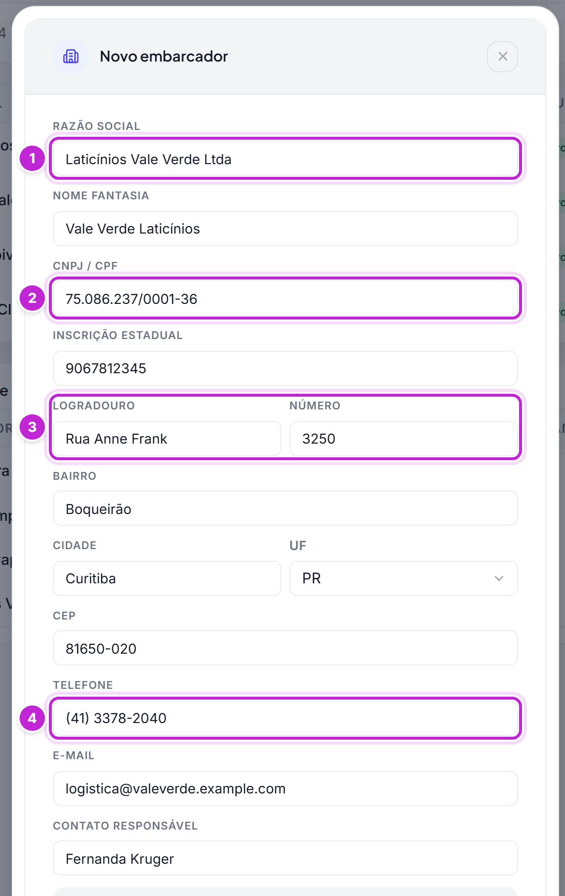 Janela Novo embarcador preenchida com razão social, nome fantasia, CNPJ, inscrição estadual, endereço e contatos