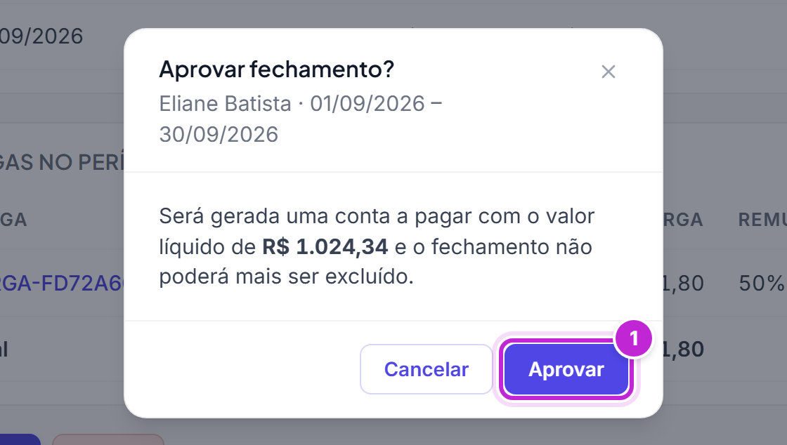 Diálogo Aprovar fechamento? informando que será gerada uma conta a pagar com o valor líquido e que o fechamento não poderá mais ser excluído