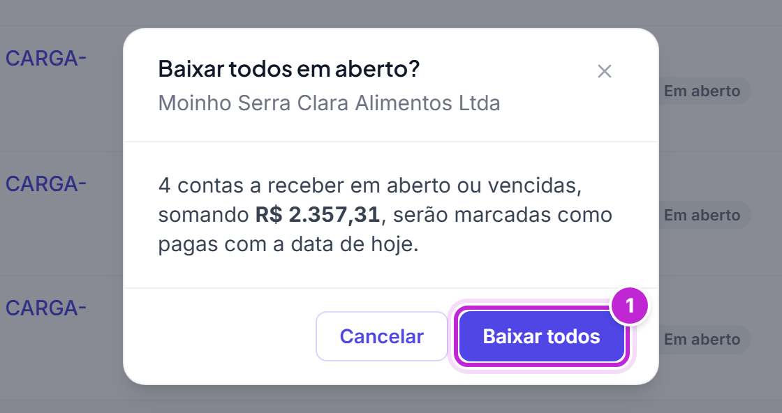 Diálogo Baixar todos em aberto? informando quantas contas a receber, e com que soma, serão marcadas como pagas com a data de hoje