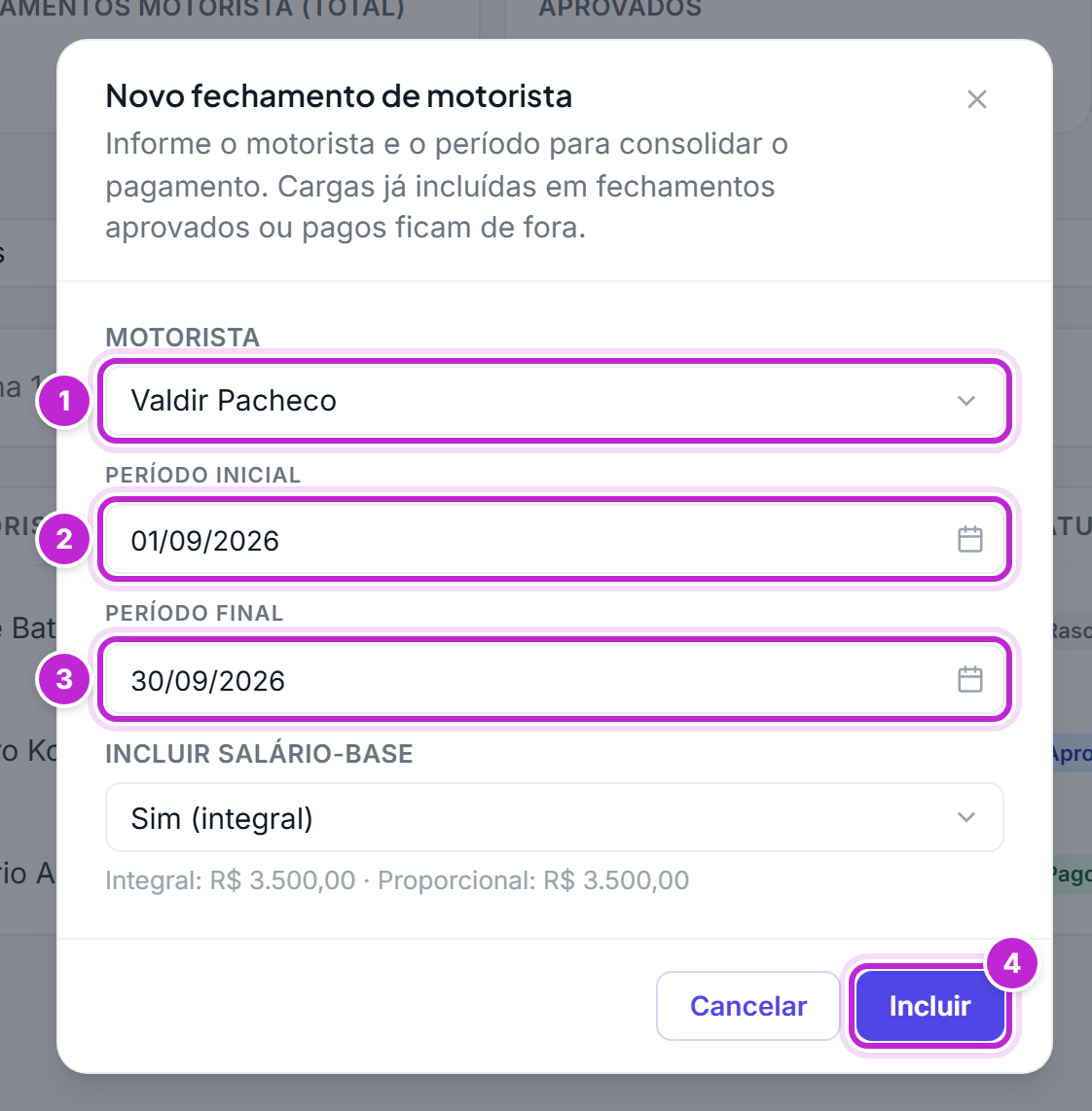 Modal Novo fechamento de motorista com o motorista Valdir Pacheco e o período do mês anterior