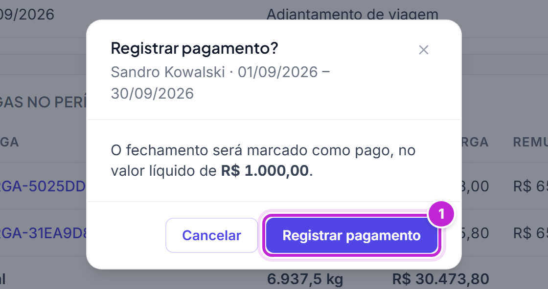 Diálogo Registrar pagamento? informando que o fechamento será marcado como pago no valor líquido