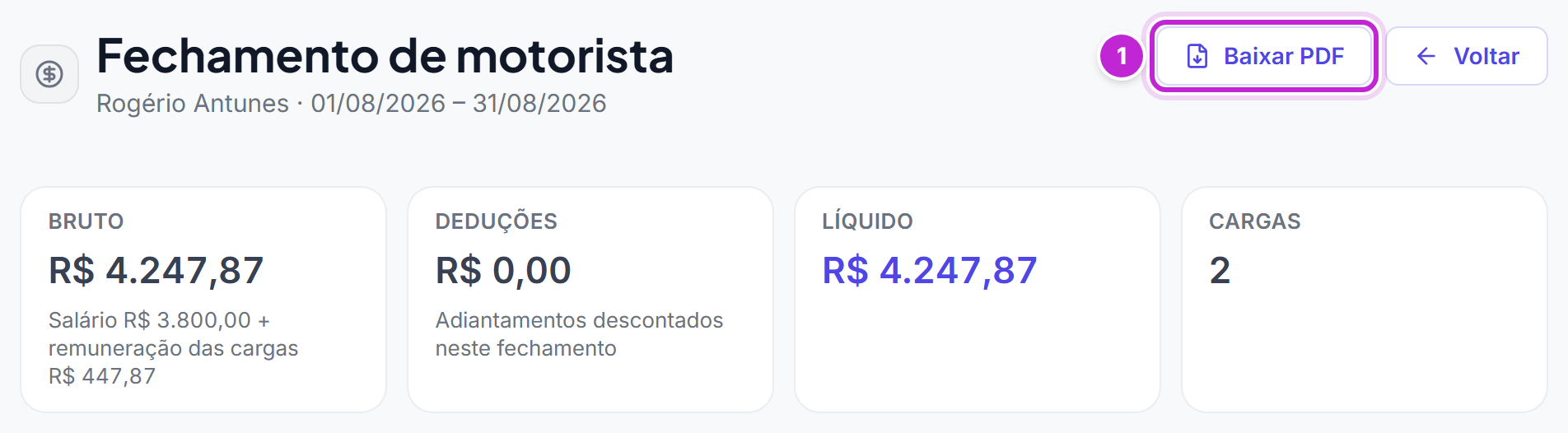 Alto do detalhe de um fechamento pago, com o botão Baixar PDF em destaque