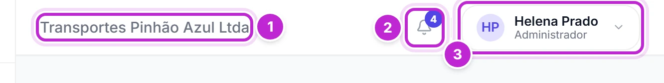 Cabeçalho com o nome da transportadora, o sino de notificações e o menu do usuário