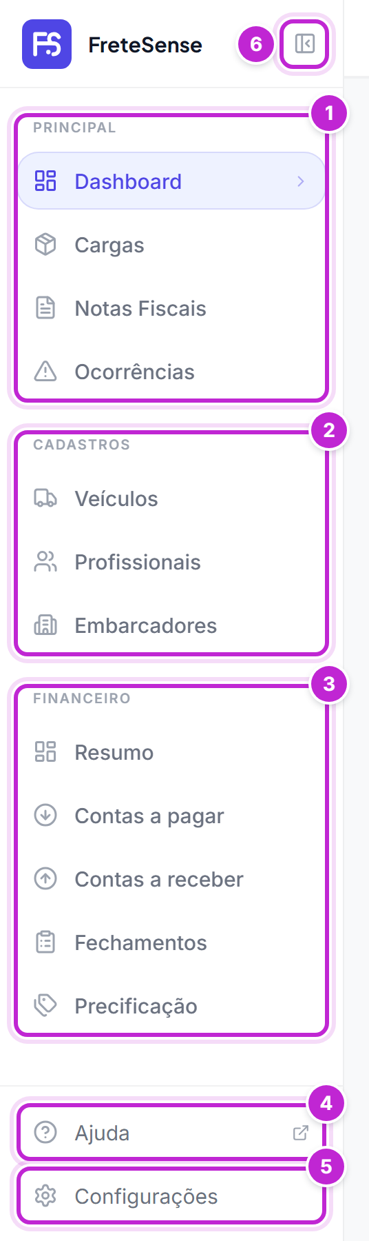 Menu lateral do Administrador com os grupos Principal, Cadastros e Financeiro, e os itens Ajuda e Configurações
