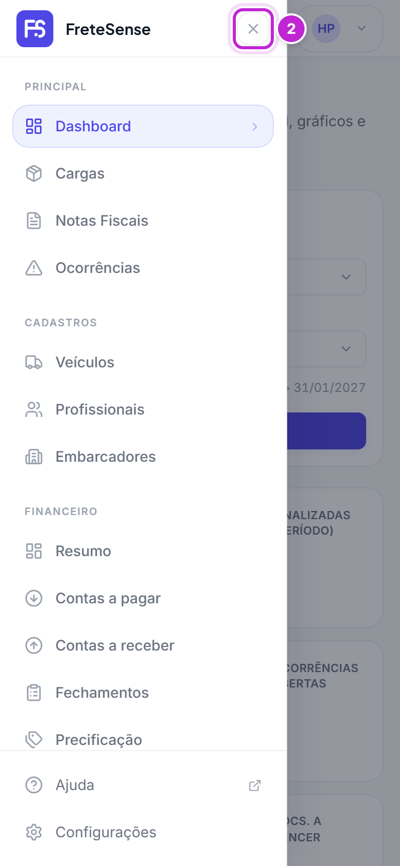 Menu de navegação aberto no celular, com os grupos Principal, Cadastros e Financeiro e o botão de fechar