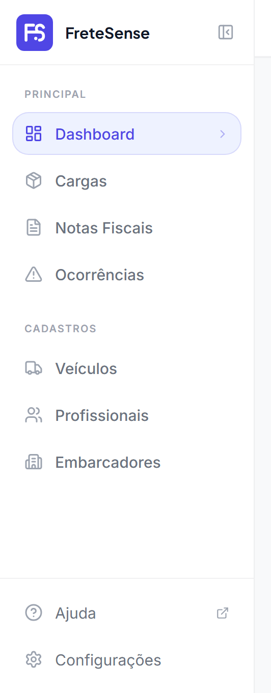 Menu lateral do perfil Operador, com os grupos Principal e Cadastros e sem o grupo Financeiro