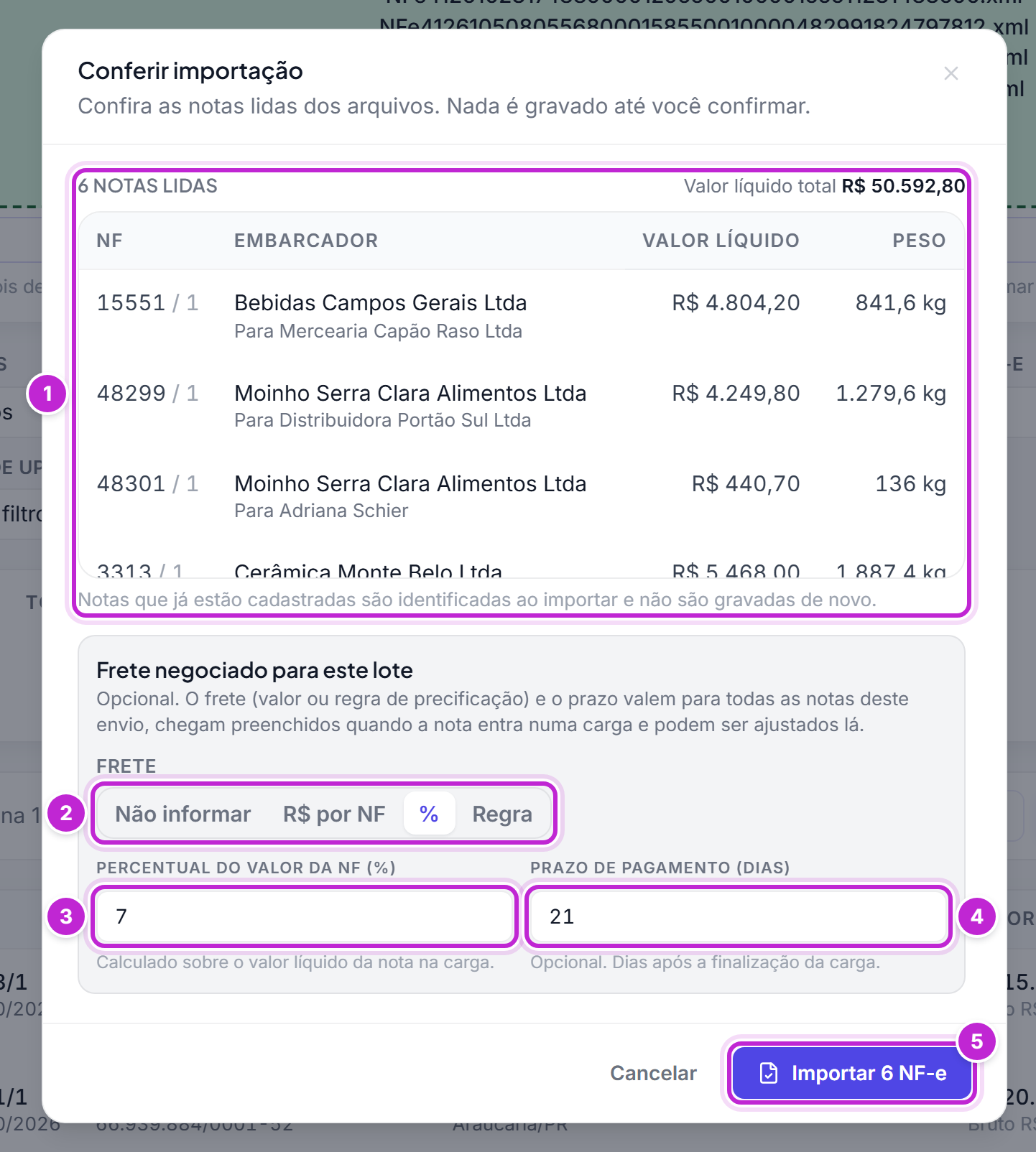 Janela Conferir importação com a tabela de notas lidas, o bloco Frete negociado para este lote com o tipo de frete escolhido, o valor, o prazo de pagamento e o botão Importar
