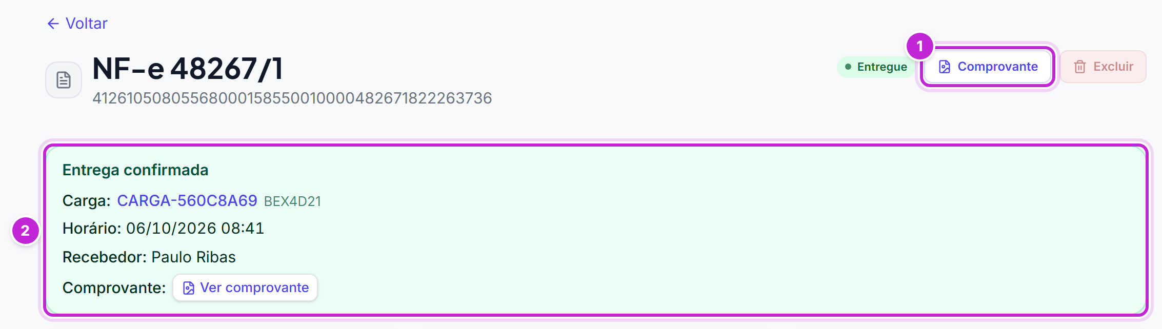 Detalhe de uma NF-e entregue, com o status Entregue, o botão Comprovante e a faixa Entrega confirmada com horário, recebedor e link Ver comprovante