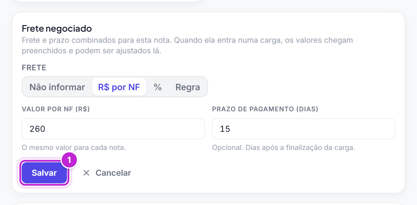 Cartão Frete negociado em edição, com as opções Não informar, R$ por NF, % e Regra, o valor, o prazo de pagamento e os botões Salvar e Cancelar