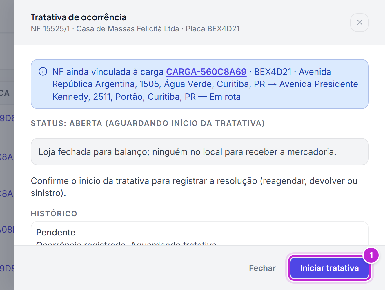 Painel Tratativa de ocorrência de uma ocorrência aberta, com a descrição e o botão Iniciar tratativa