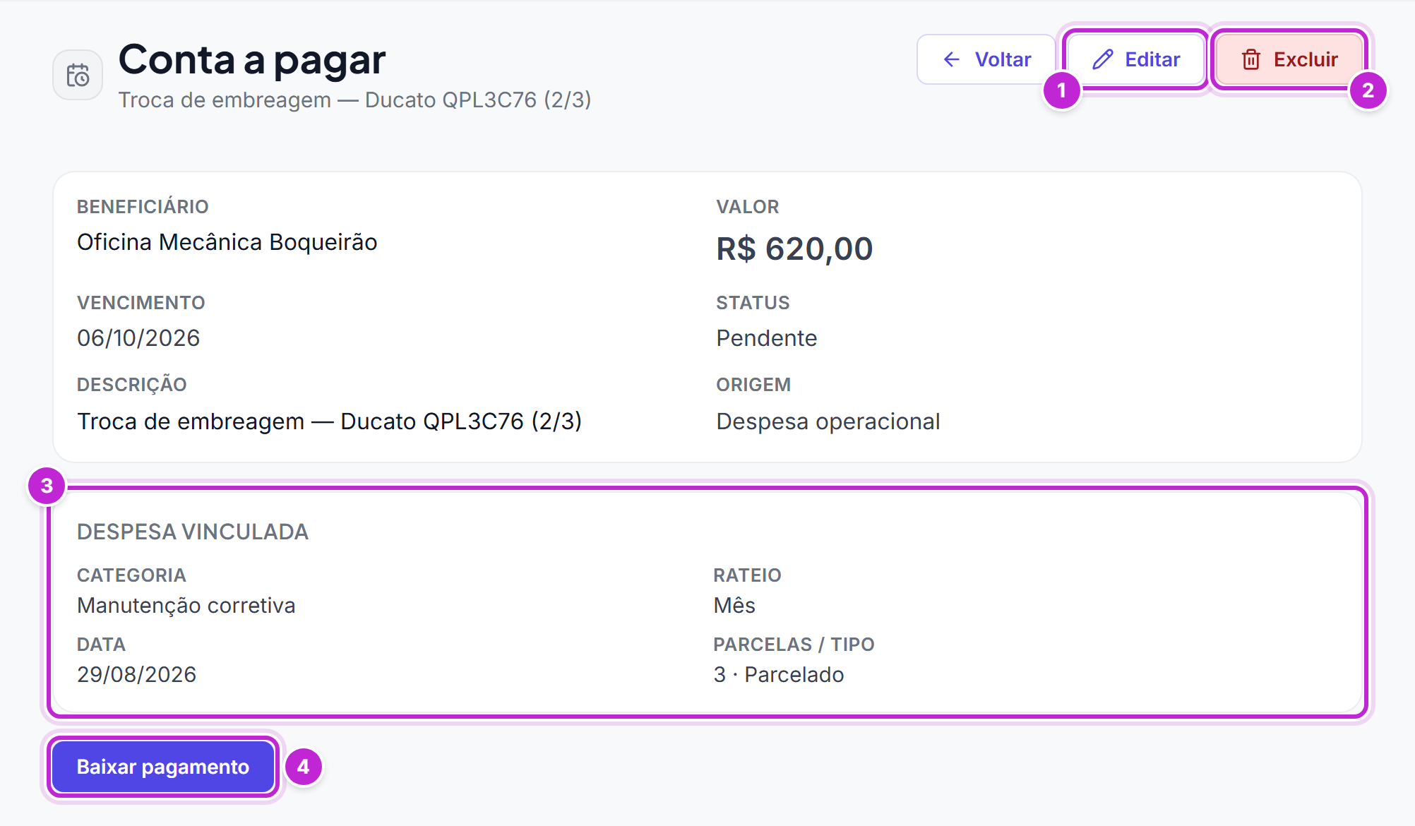 Detalhe de uma conta a pagar: parcela 2/3 da troca de embreagem, com beneficiário, valor, vencimento, status, origem e a seção Despesa vinculada