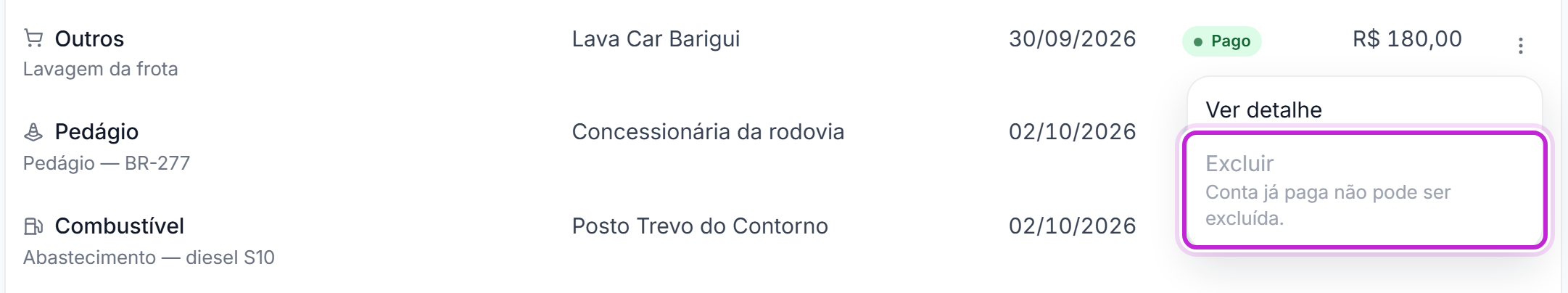 Menu de ações de uma conta paga, com a opção Excluir desabilitada e o motivo Conta já paga não pode ser excluída