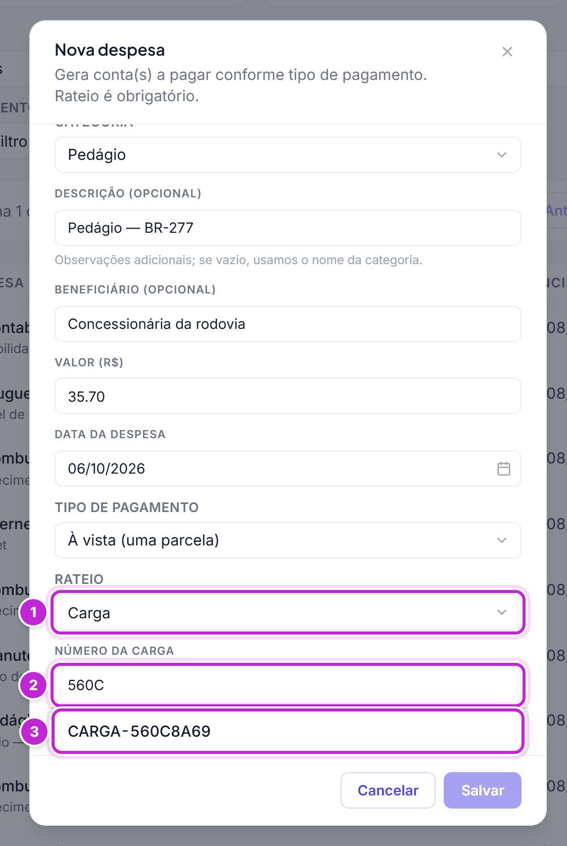 Modal Nova despesa com rateio Carga, o início do código digitado em Número da carga e a carga encontrada logo abaixo