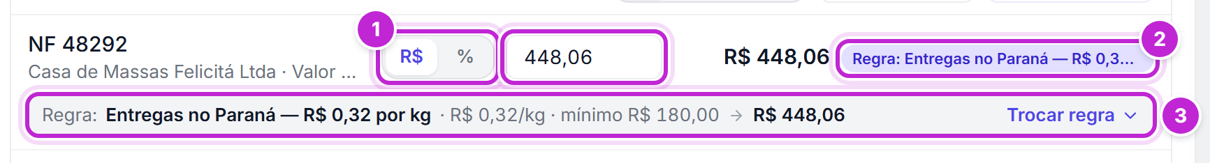 Nota na aba Valores com uma regra aplicada: o valor do frete preenchido, a etiqueta Regra com o nome da regra e a linha da regra fechada, com o nome, a tarifa, o valor calculado e o botão Trocar regra