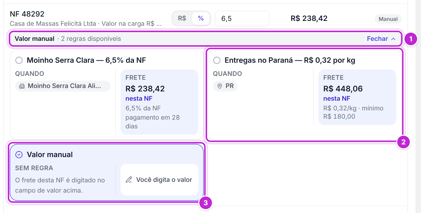 Nota na aba Valores com a linha da regra em Valor manual e os cartões abertos: um cartão para cada regra que serve para a nota, com as condições no Quando e o valor calculado para a nota em Frete, e o cartão Valor manual