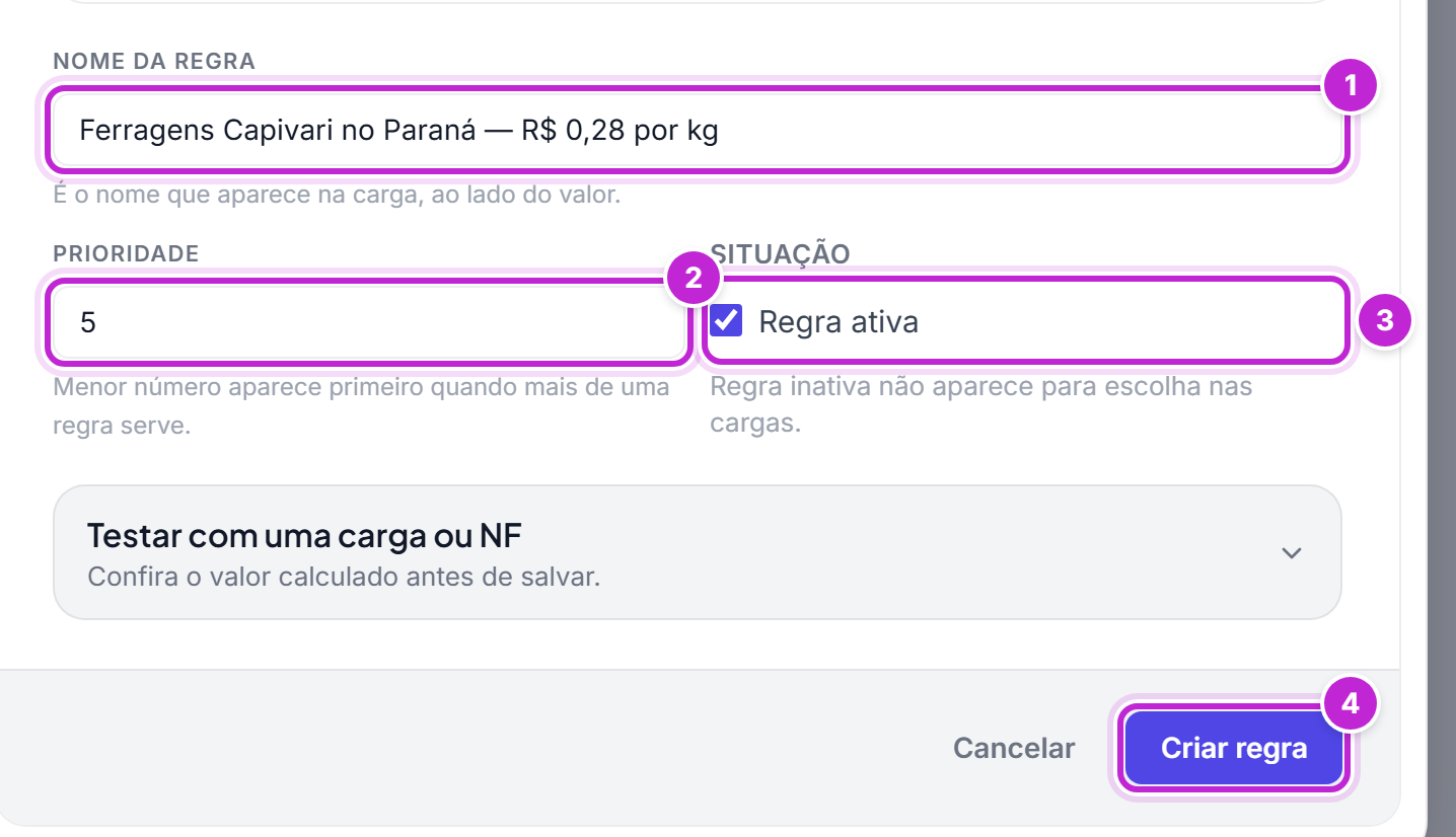 Parte final da janela Nova regra de frete com os campos Nome da regra e Prioridade, a caixa Regra ativa e os botões Cancelar e Criar regra