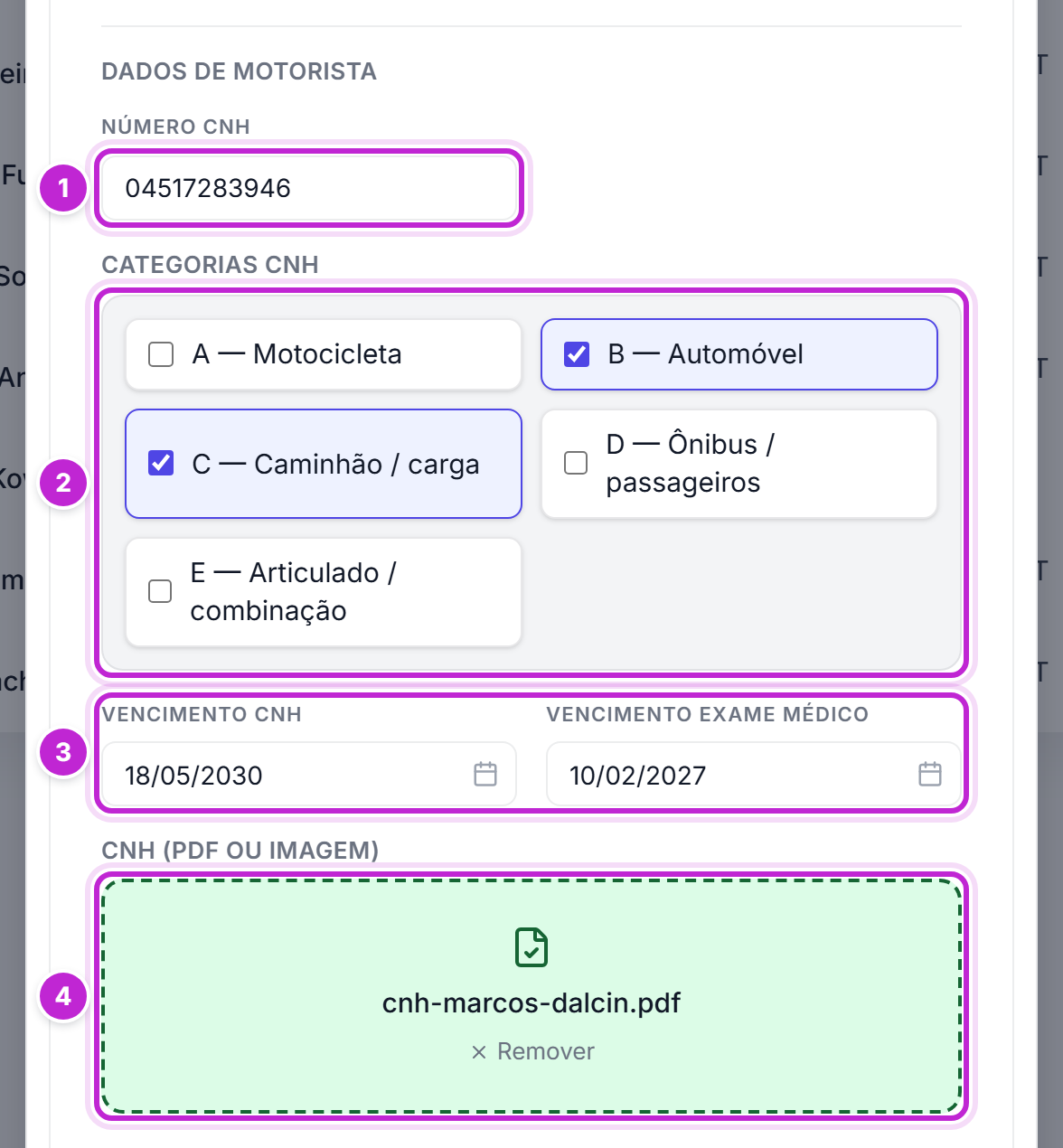 Seção Dados de Motorista com o número da CNH, as categorias B e C marcadas, os vencimentos e o arquivo da CNH selecionado